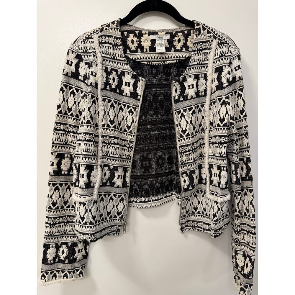 Bar III Jacket Women's L White Cotton Full Zip Aztec Southwestern Office Stretch